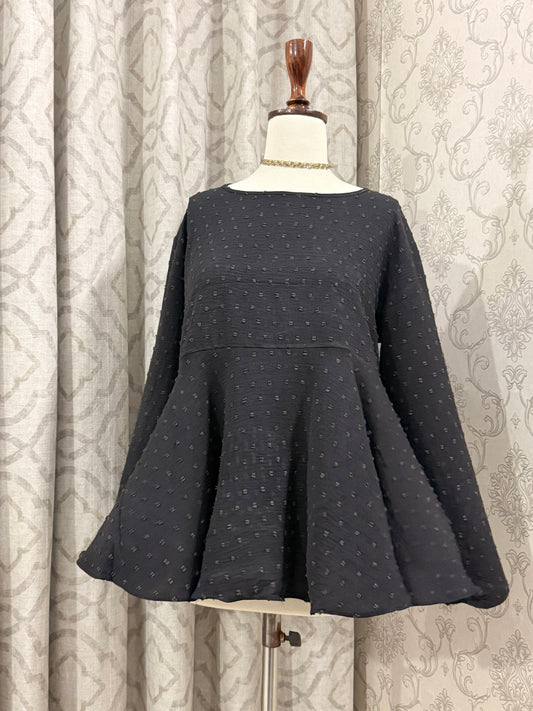 Black Textured Top with Empire Waist and Flowy Hem