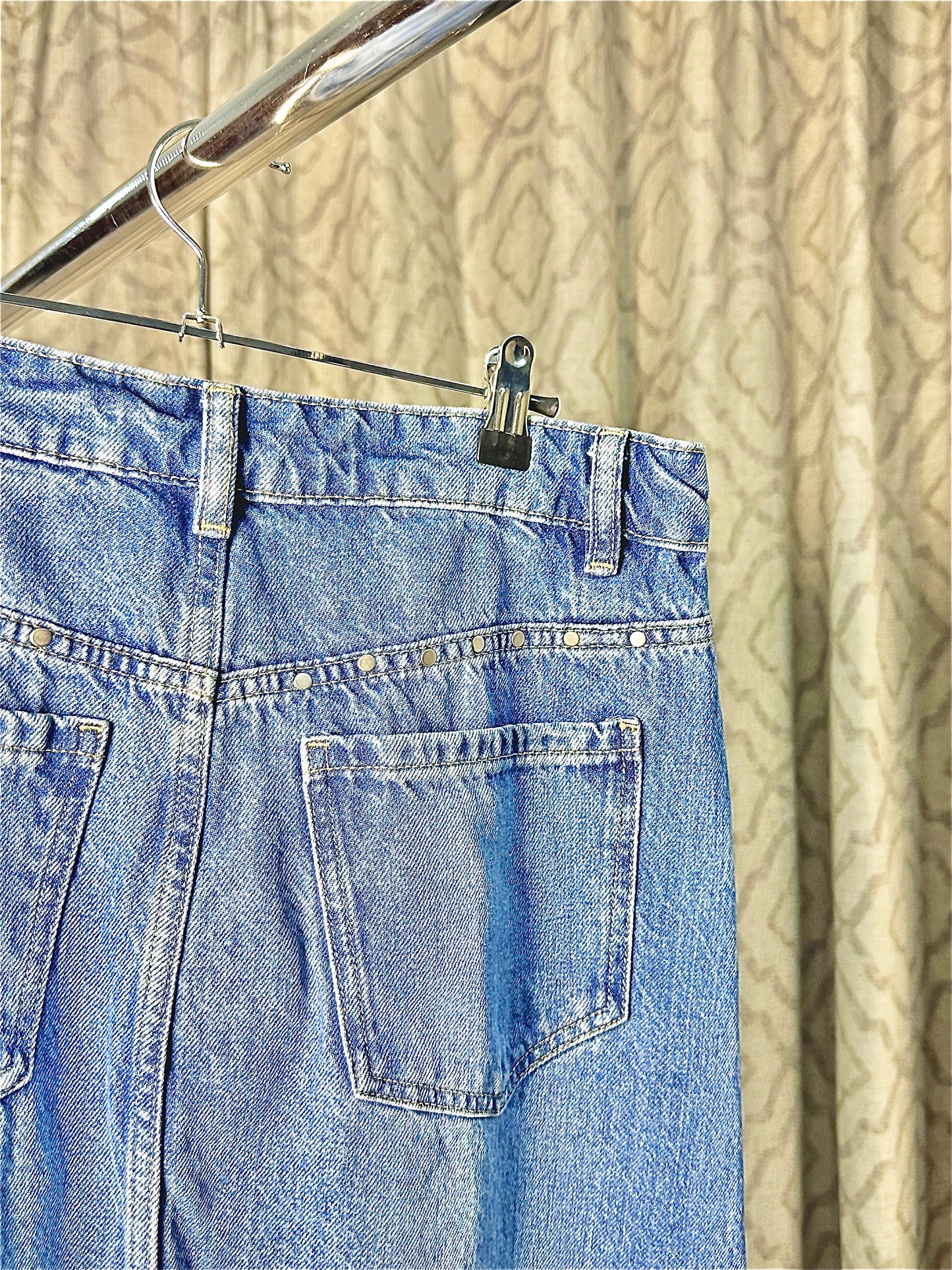 Classic Blue Denim Maxi Skirt with Studded Side Trim & Back Slit