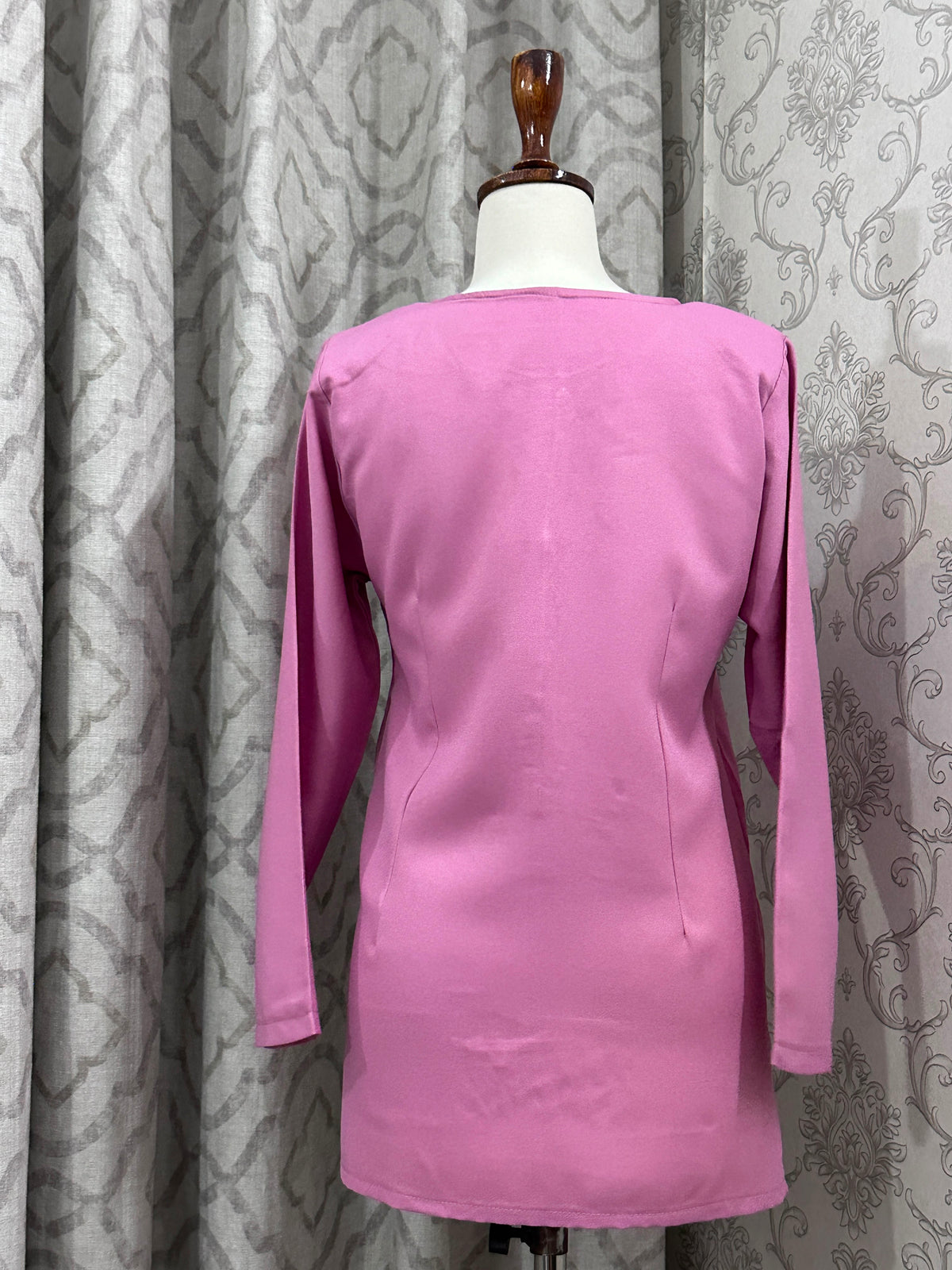 Pink Crewneck Long Sleeve Blouse – Front Pleat Step Hem Tunic Top