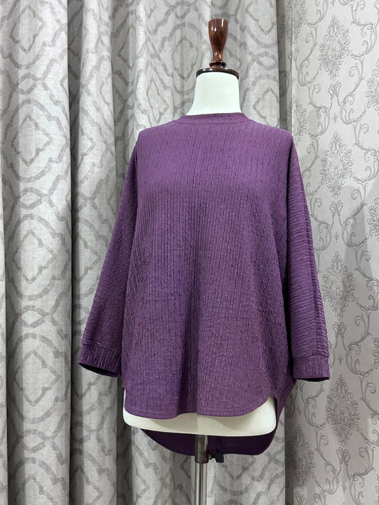 Deep Purple Crinkle Fabric Top – 3/4 Sleeve High-Low Loose Fit Blouse