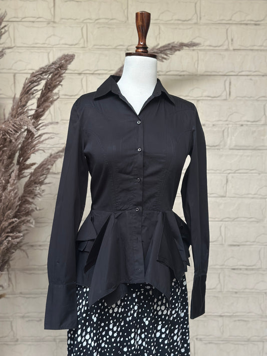 Black Structured Corset-Style Peplum Shirt