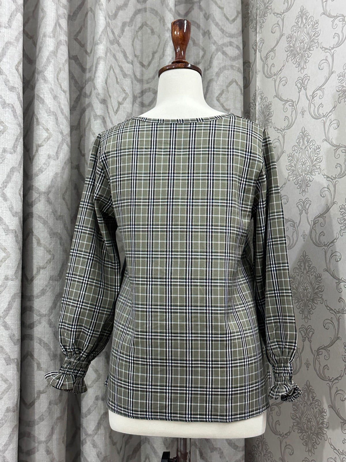 Olive Sage Plaid Long Sleeve Blouse – Smocked Ruffle Cuffs Crewneck Top