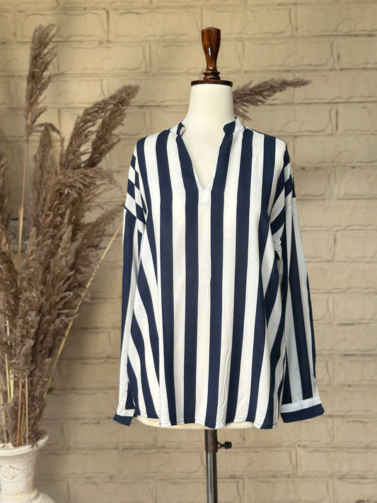 Navy & Cream Wide-Stripe Split-Neck Top
