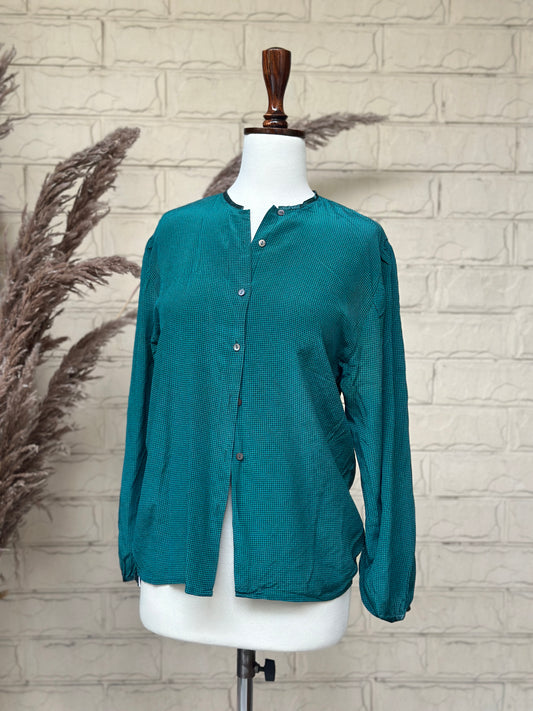 Forest Green Micro-Check Collarless Button-Down Top