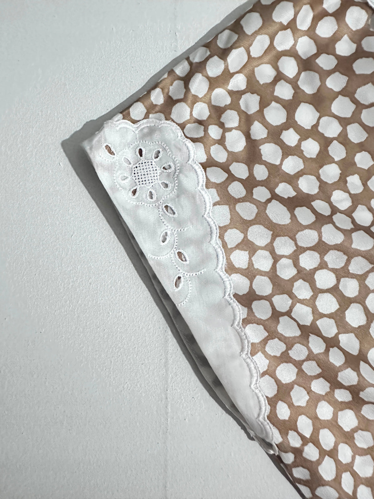 Beige Polka Dot Button-Down Shirt with Broderie Anglaise Trim