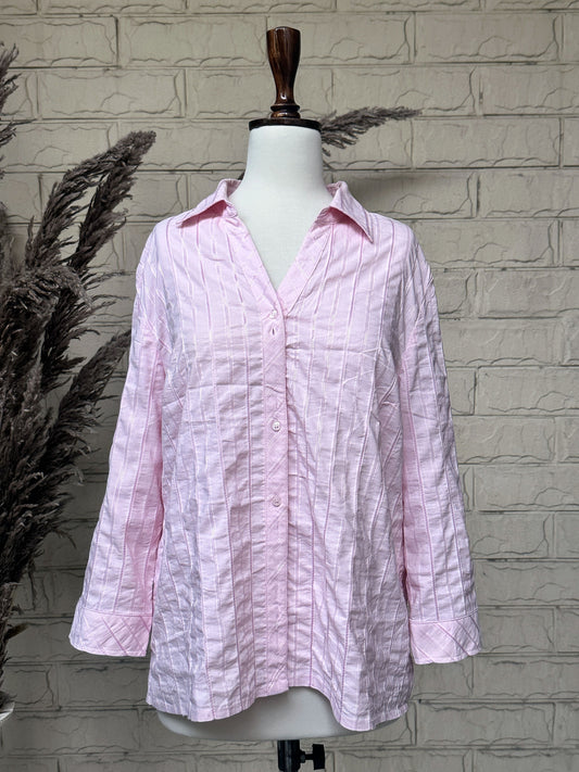 Soft Pink Textured Self-Stripe Button-Down Shirt