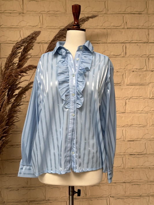 Sky Blue Satin Striped Ruffle-Front Button-Down Shirt