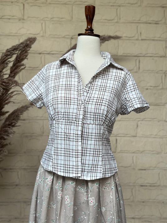 Vintage Plaid Short-Sleeve Button-Down Top