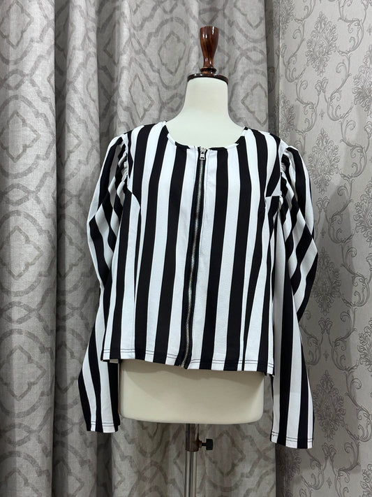 Black and White Striped Zip-Front Top – Long Puff Sleeve Crewneck Top