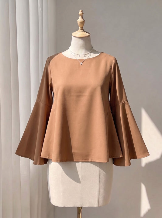 Solid Brown Fitted Top with Flared Sleeves