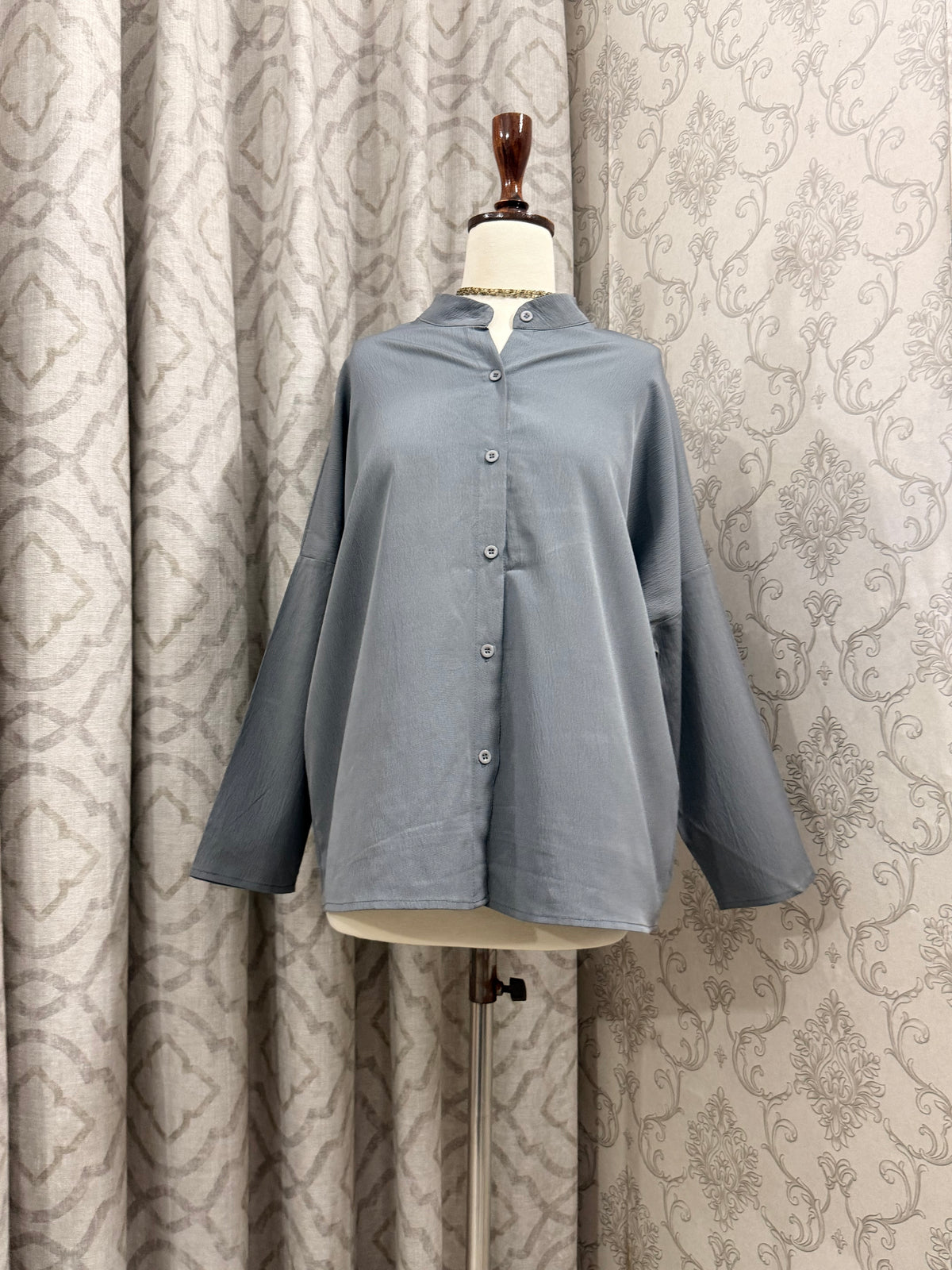 Long-Sleeve Button-Up Top with Mandarin Collar