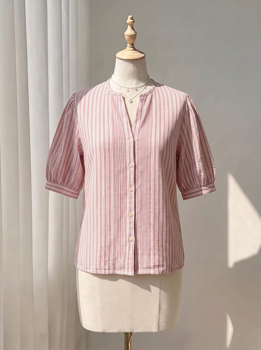 Summer Short-Sleeve Top with Striped Texture and Stand Collar