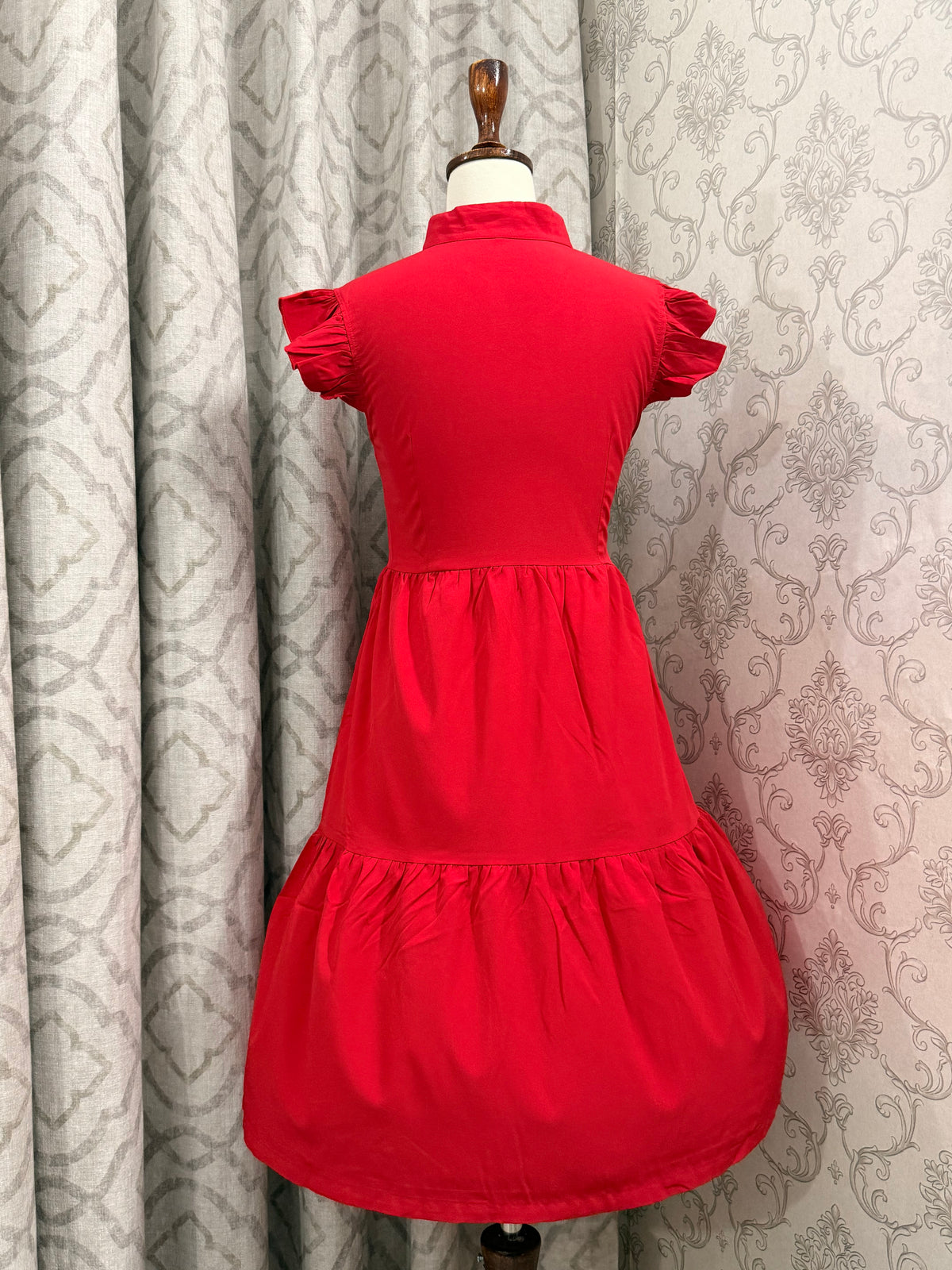 Short-Sleeve Tiered Swing Dress with Mock Neck