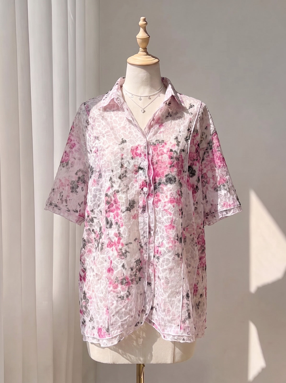 Pink Floral Short-Sleeve Button-Down Top