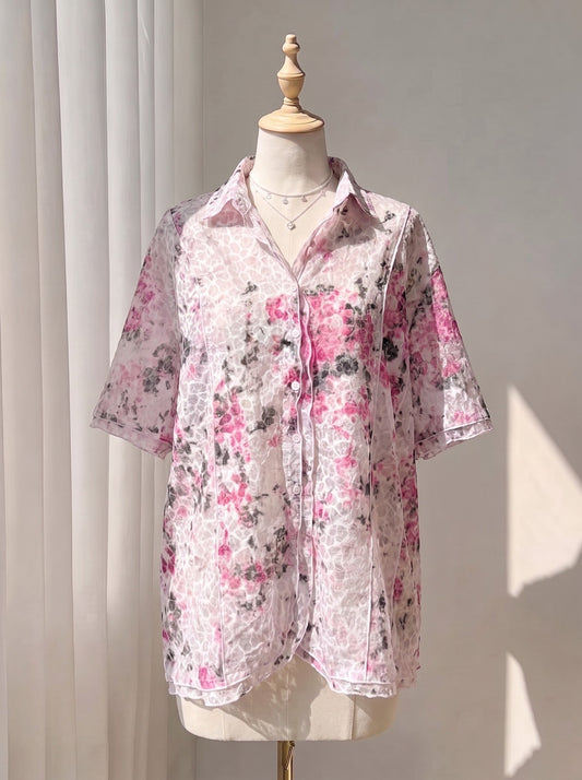 Pink Floral Short-Sleeve Button-Down Top
