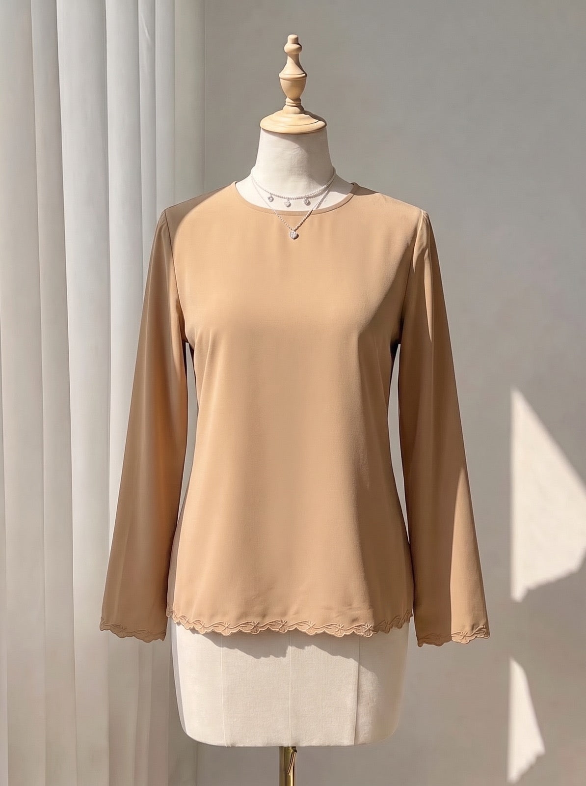 Solid Brown Top with Scalloped Edge Trim