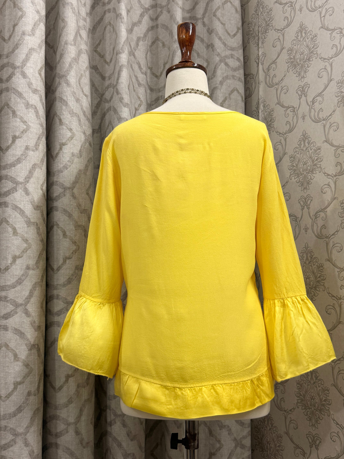 Sunshine Yellow Scoop Neck Top with Ruffled Trim and Flared Sleeves