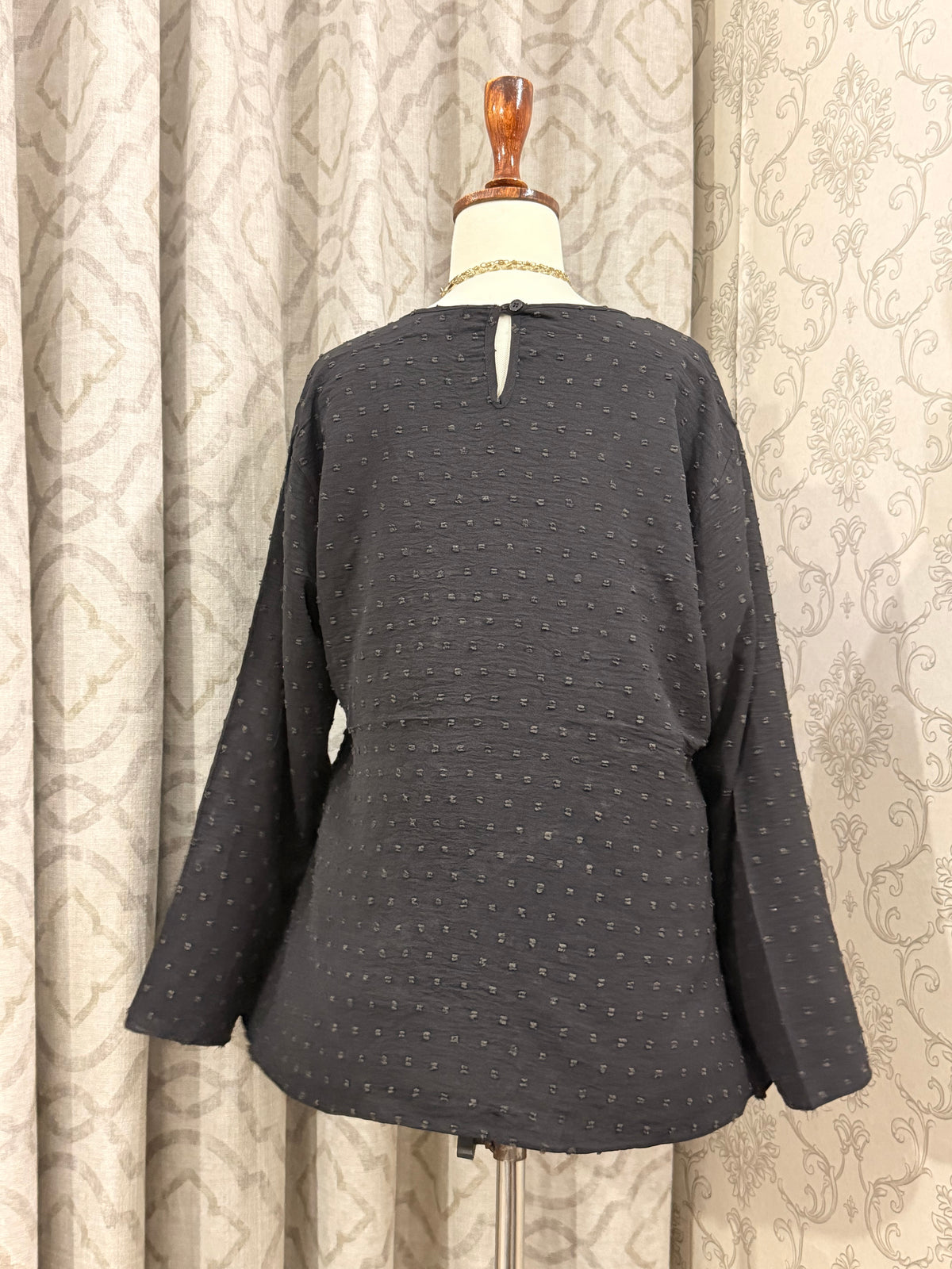 Black Textured Top with Empire Waist and Flowy Hem