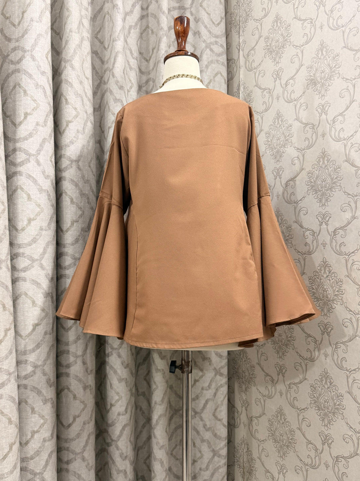 Solid Brown Fitted Top with Flared Sleeves