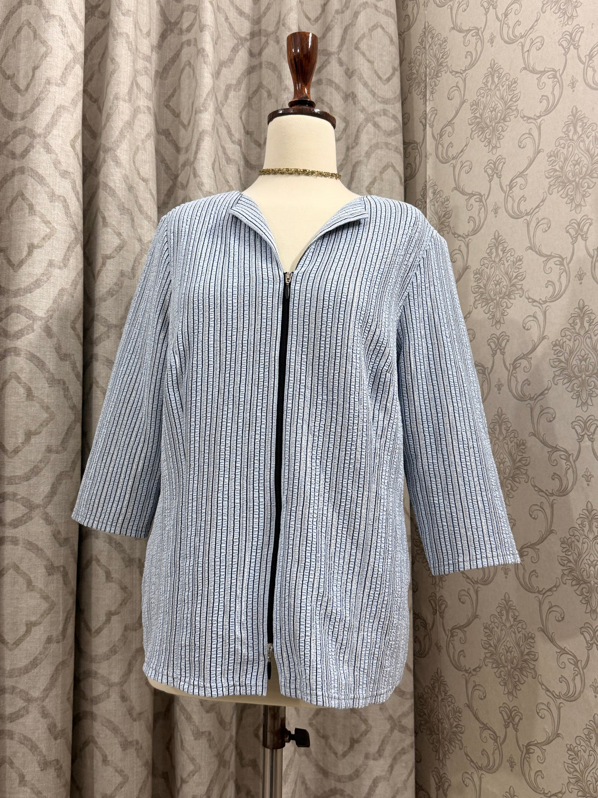 Lightweight Striped Zip Top with Mandarin Collar