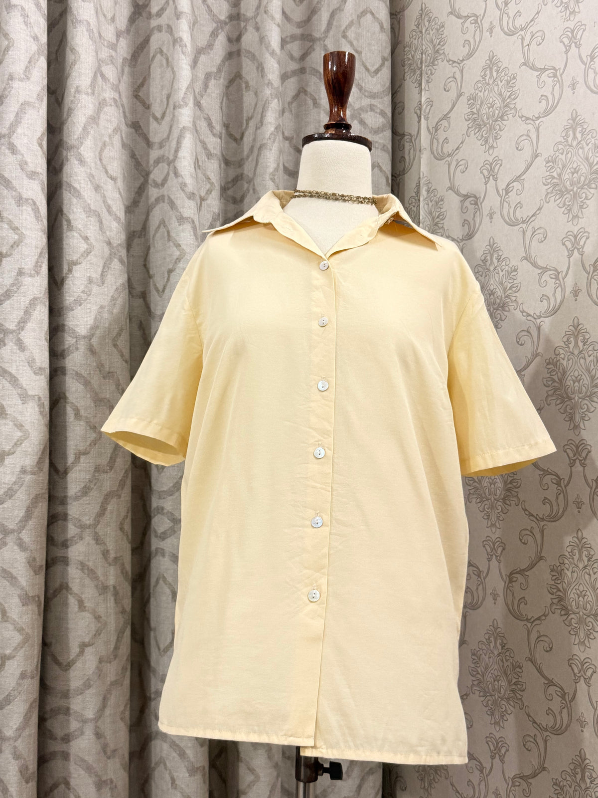 Light Yellow Short-Sleeve Button-Up Top
