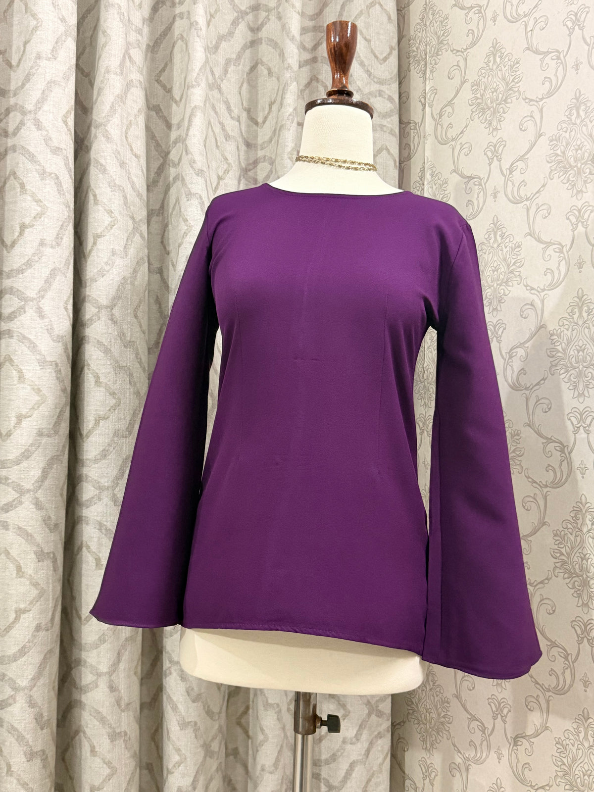 Solid Purple Fitted Blouse with Flared Sleeves