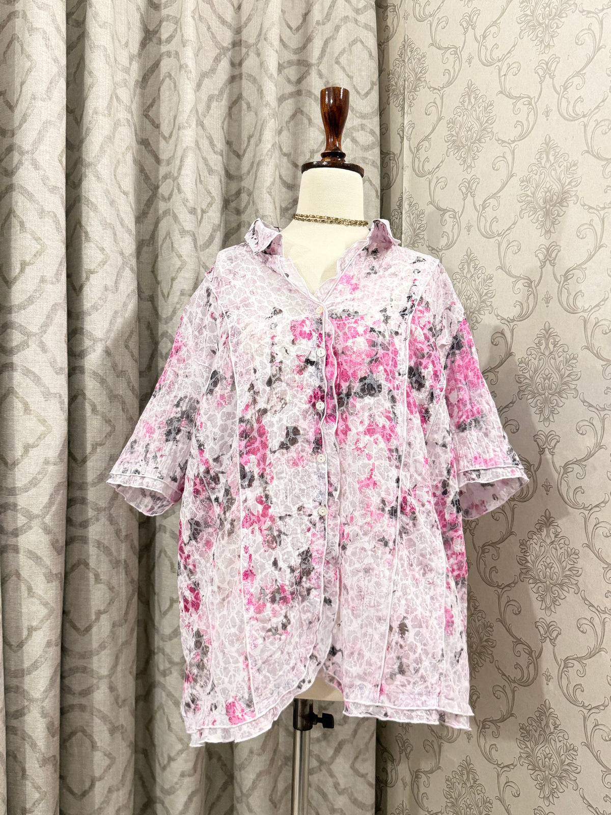 Pink Floral Short-Sleeve Button-Down Top
