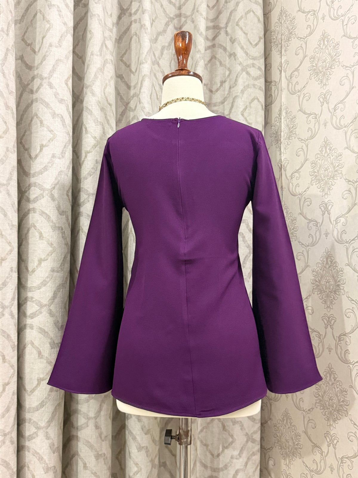 Solid Purple Fitted Blouse with Flared Sleeves