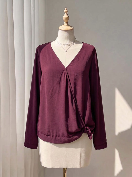 Wine-Colored Casual Top with Asymmetrical Tie Hem and Long Sleeves
