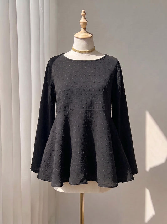 Black Textured Top with Empire Waist and Flowy Hem
