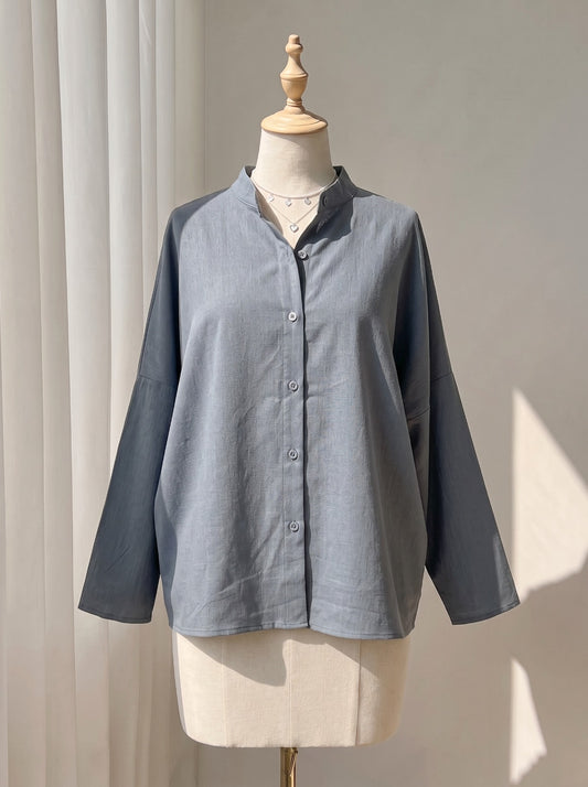 Long-Sleeve Button-Up Top with Mandarin Collar