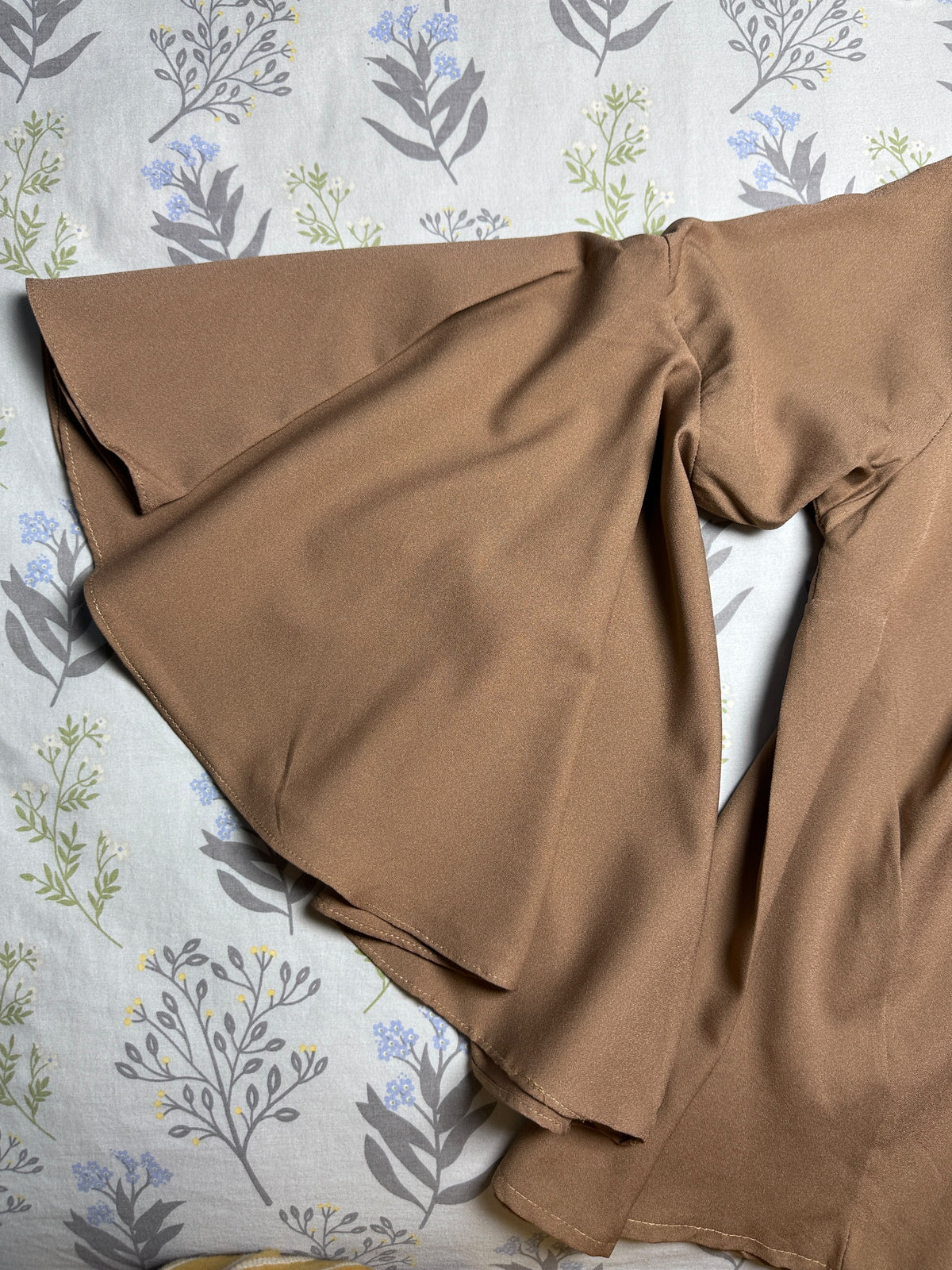 Solid Brown Fitted Top with Flared Sleeves