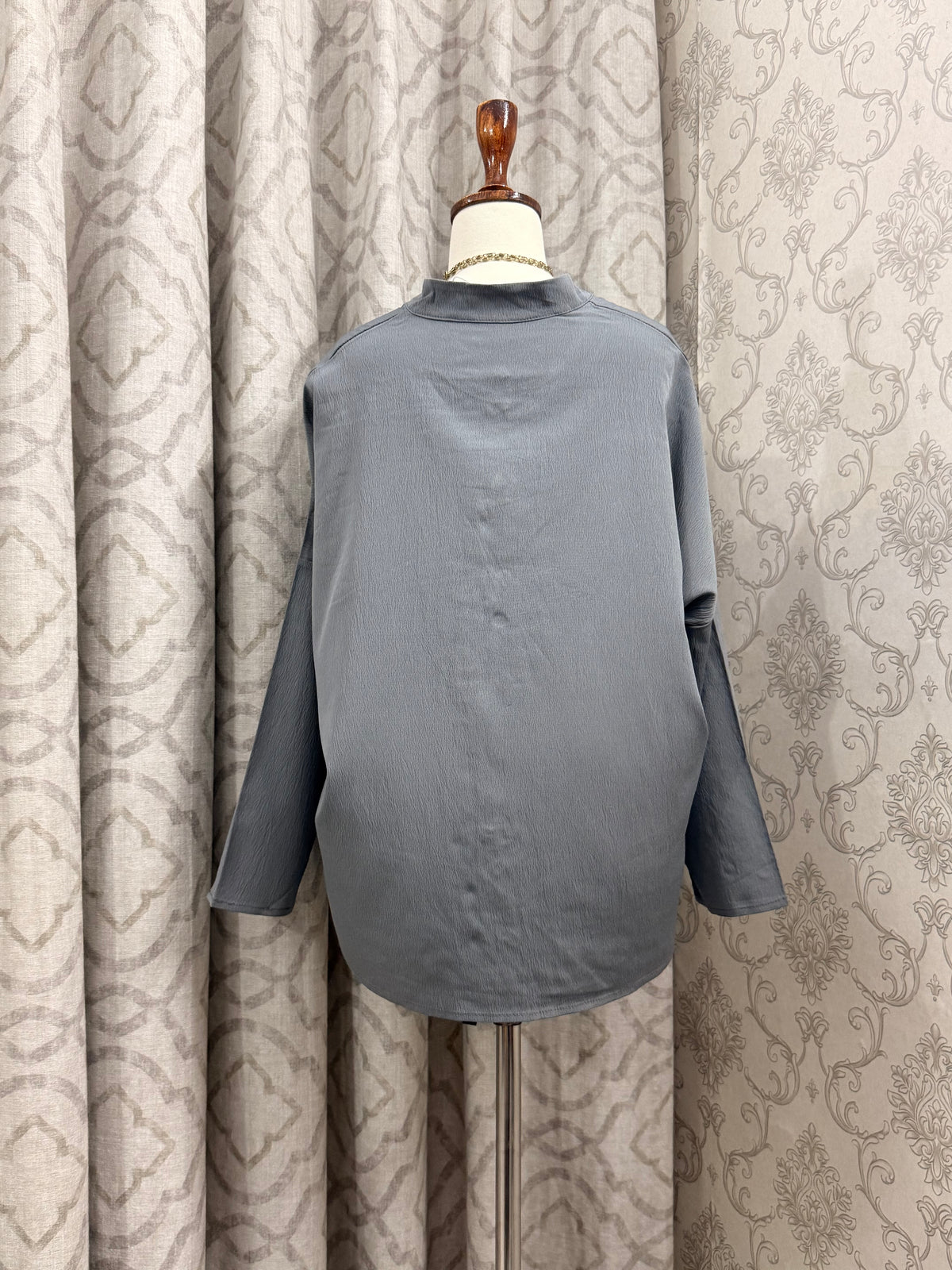 Long-Sleeve Button-Up Top with Mandarin Collar
