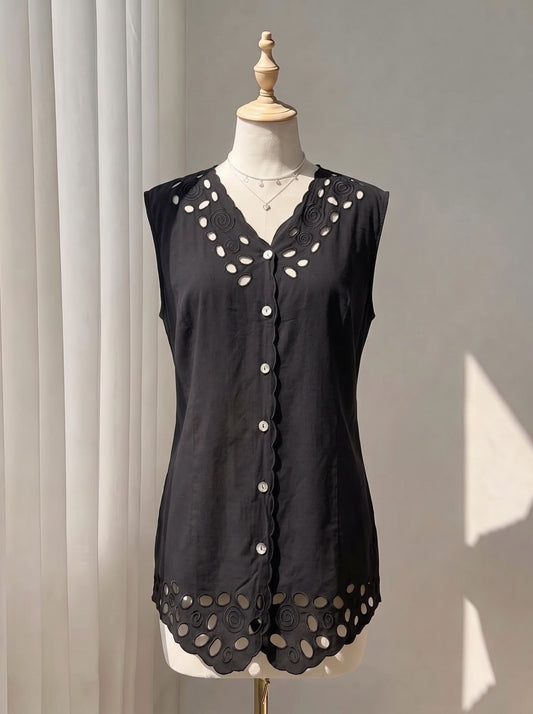 Summer Black Cutout Embroidered Sleeveless Top