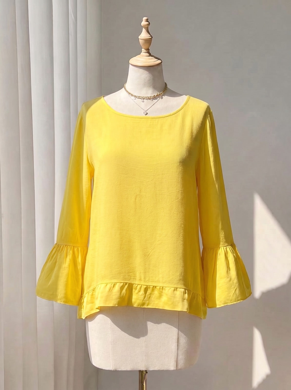 Sunshine Yellow Scoop Neck Top with Ruffled Trim and Flared Sleeves