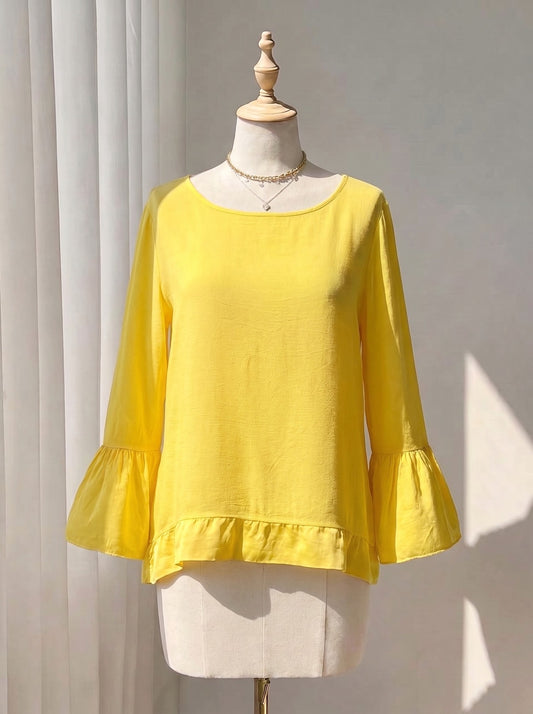 Sunshine Yellow Scoop Neck Top with Ruffled Trim and Flared Sleeves