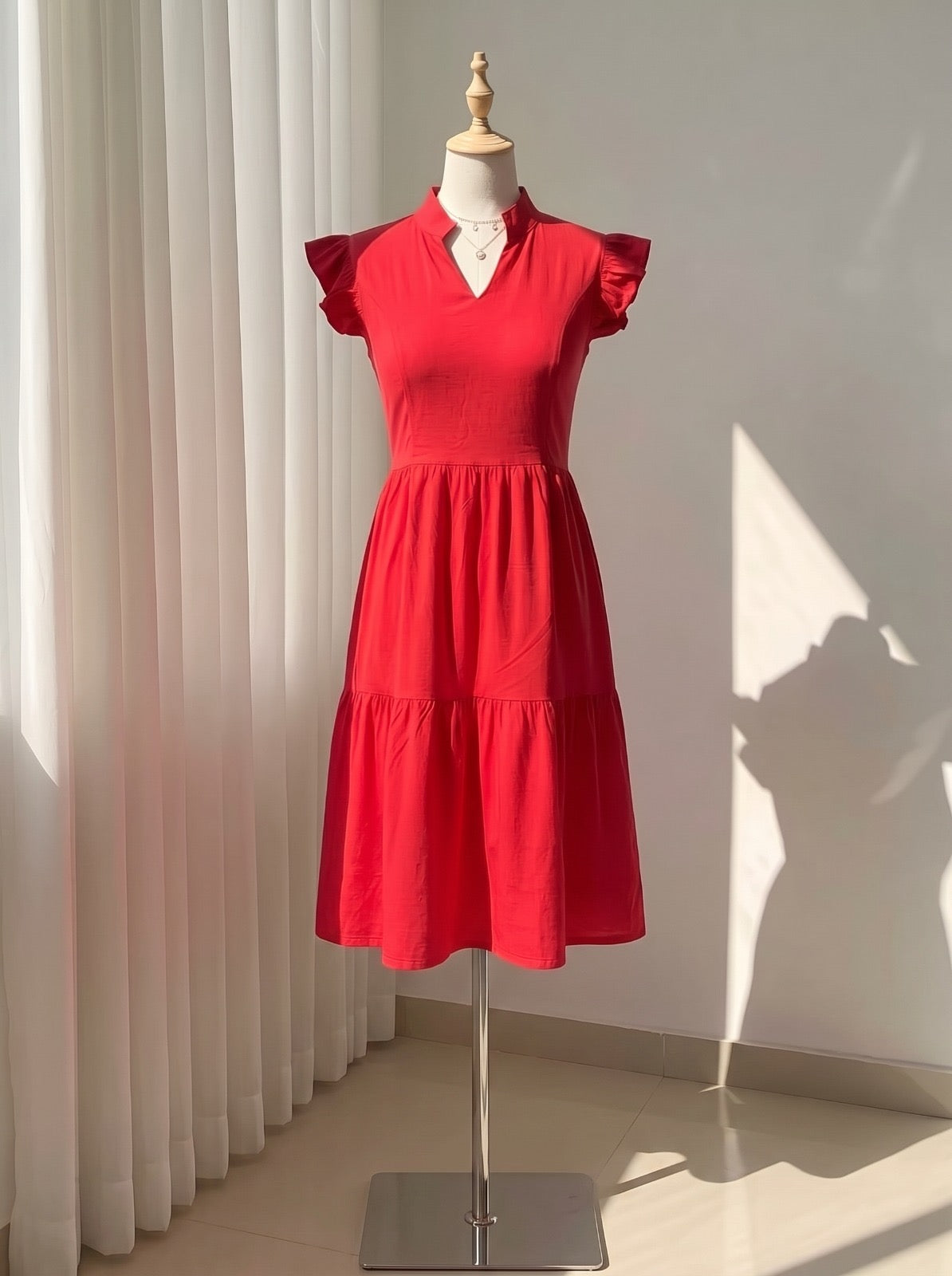 Short-Sleeve Tiered Swing Dress with Mock Neck