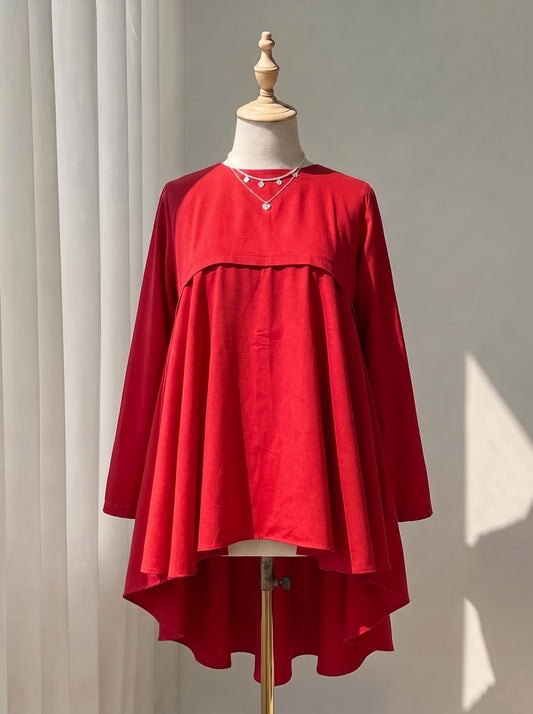 Bold Red Flowy Tunics and Peplum Tops with Asymmetrical Hem