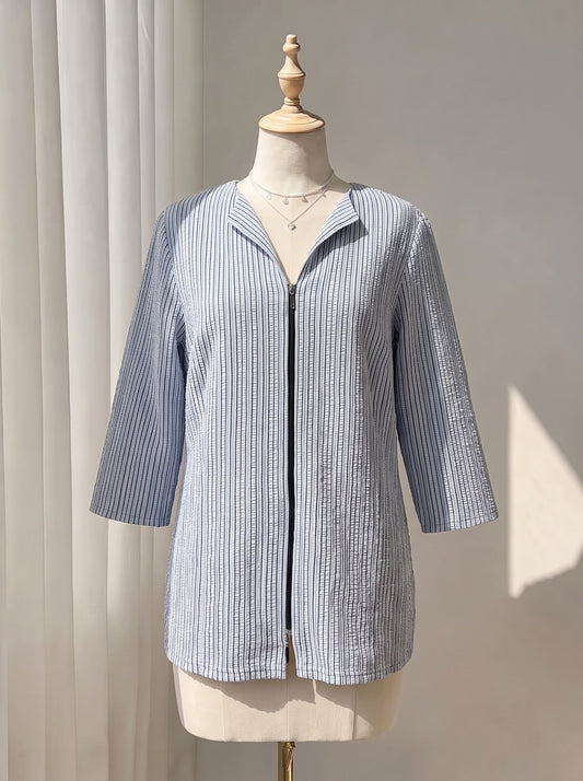 Lightweight Striped Zip Top with Mandarin Collar