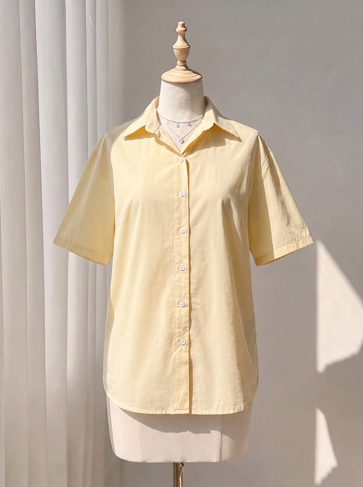 Light Yellow Short-Sleeve Button-Up Top