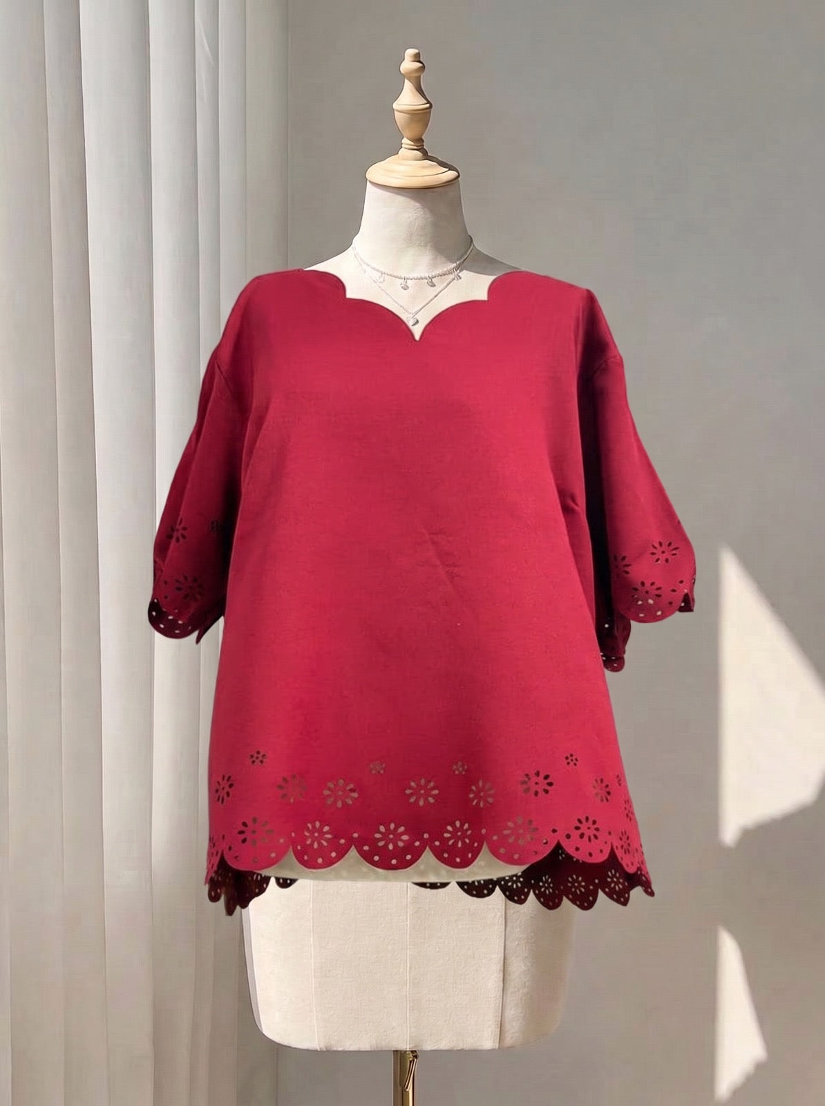 Burgundy Scalloped Eyelet Top