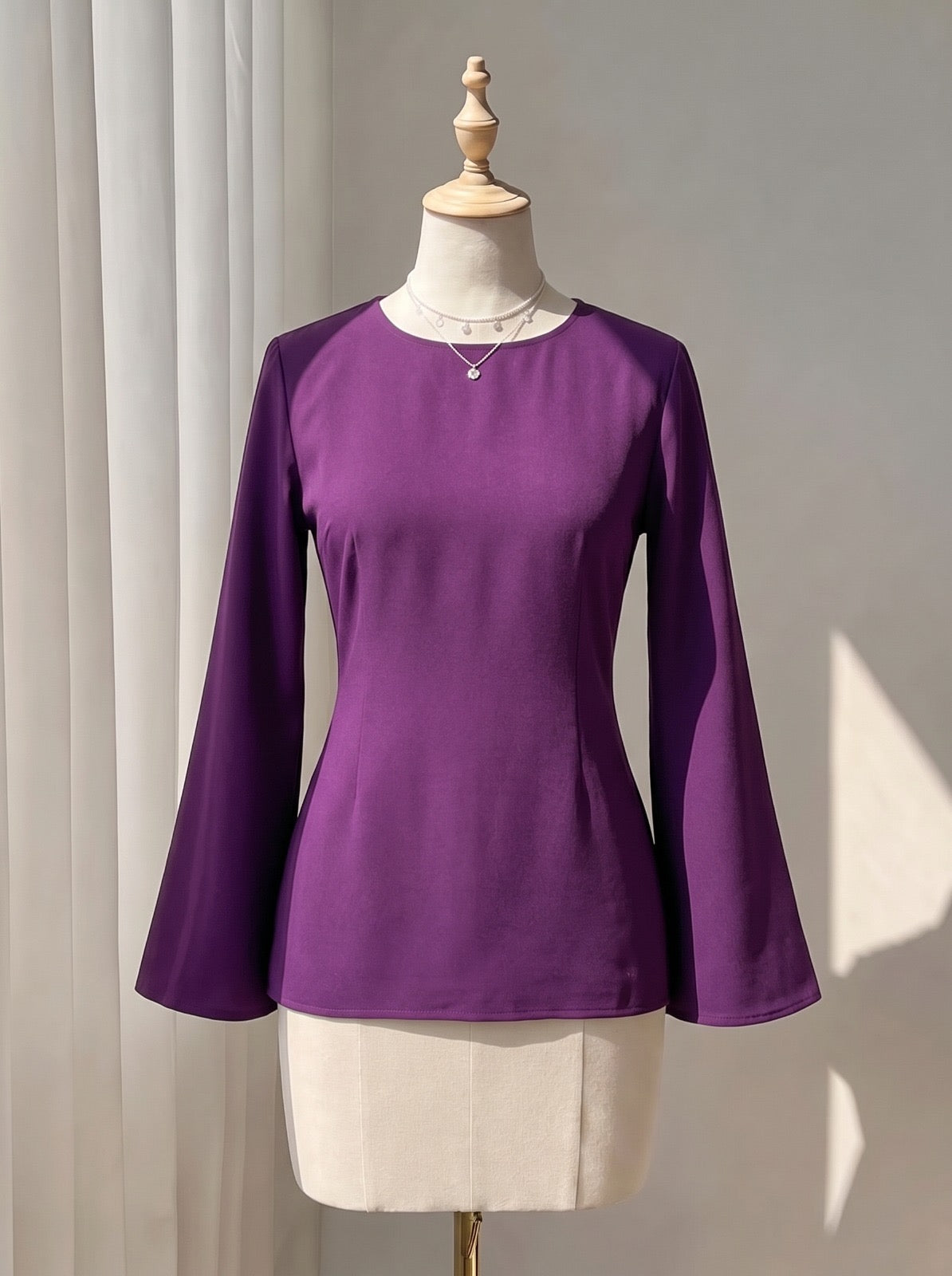 Solid Purple Fitted Blouse with Flared Sleeves