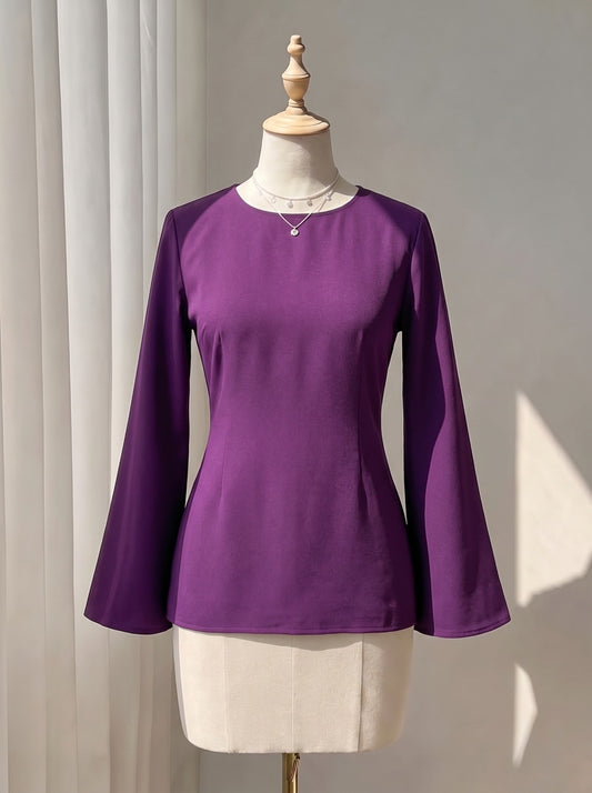 Solid Purple Fitted Blouse with Flared Sleeves