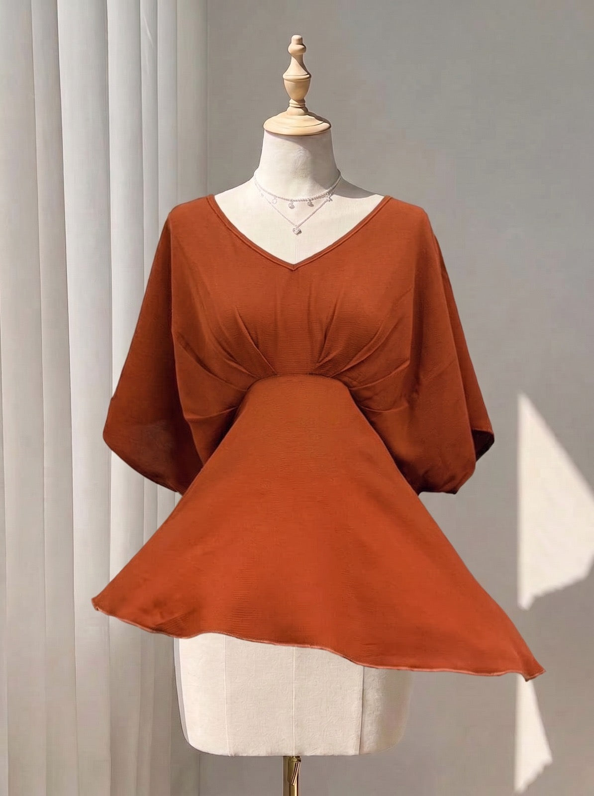 Terracotta Flare Top with Short Batwing Sleeves
