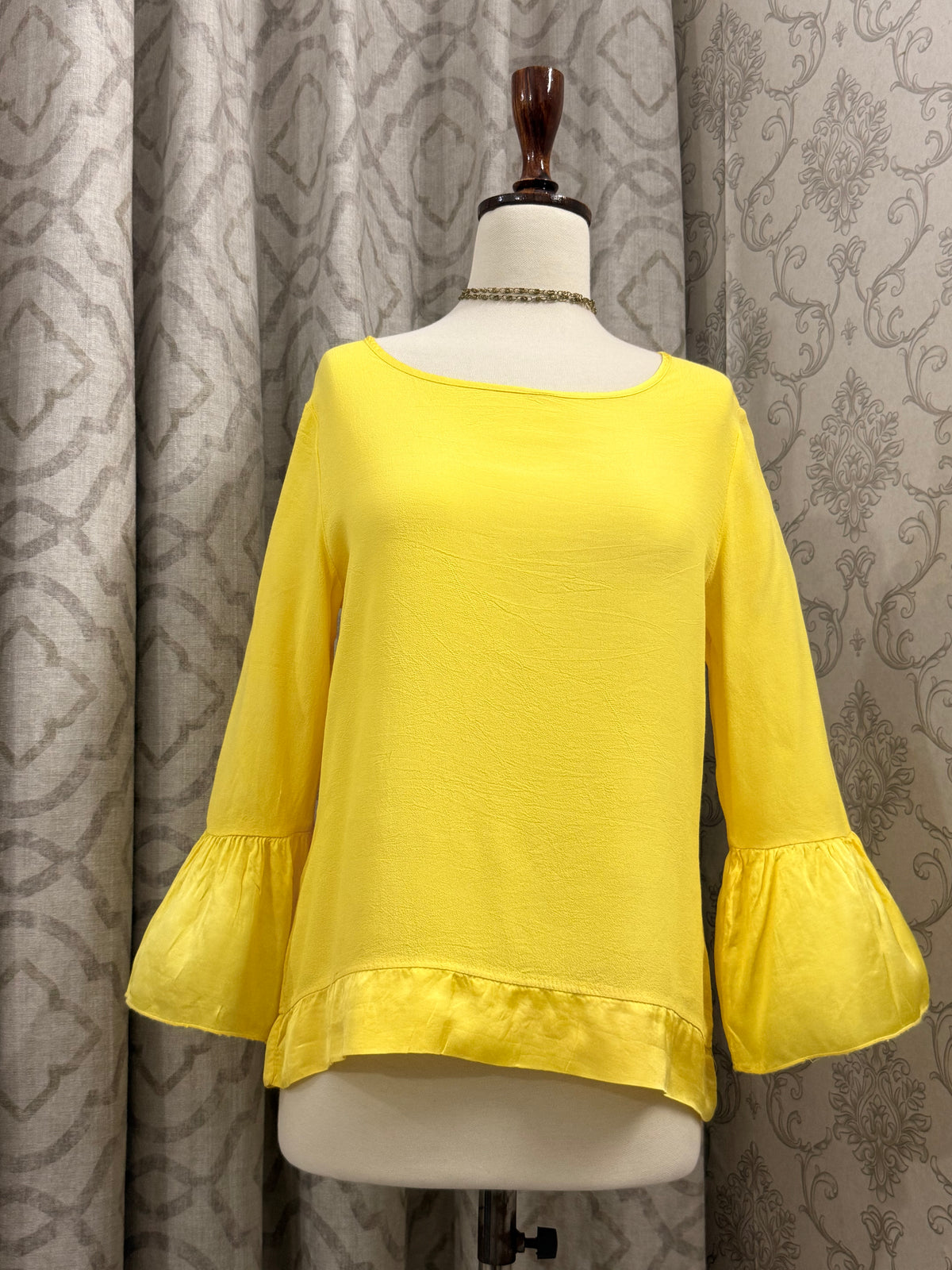 Sunshine Yellow Scoop Neck Top with Ruffled Trim and Flared Sleeves