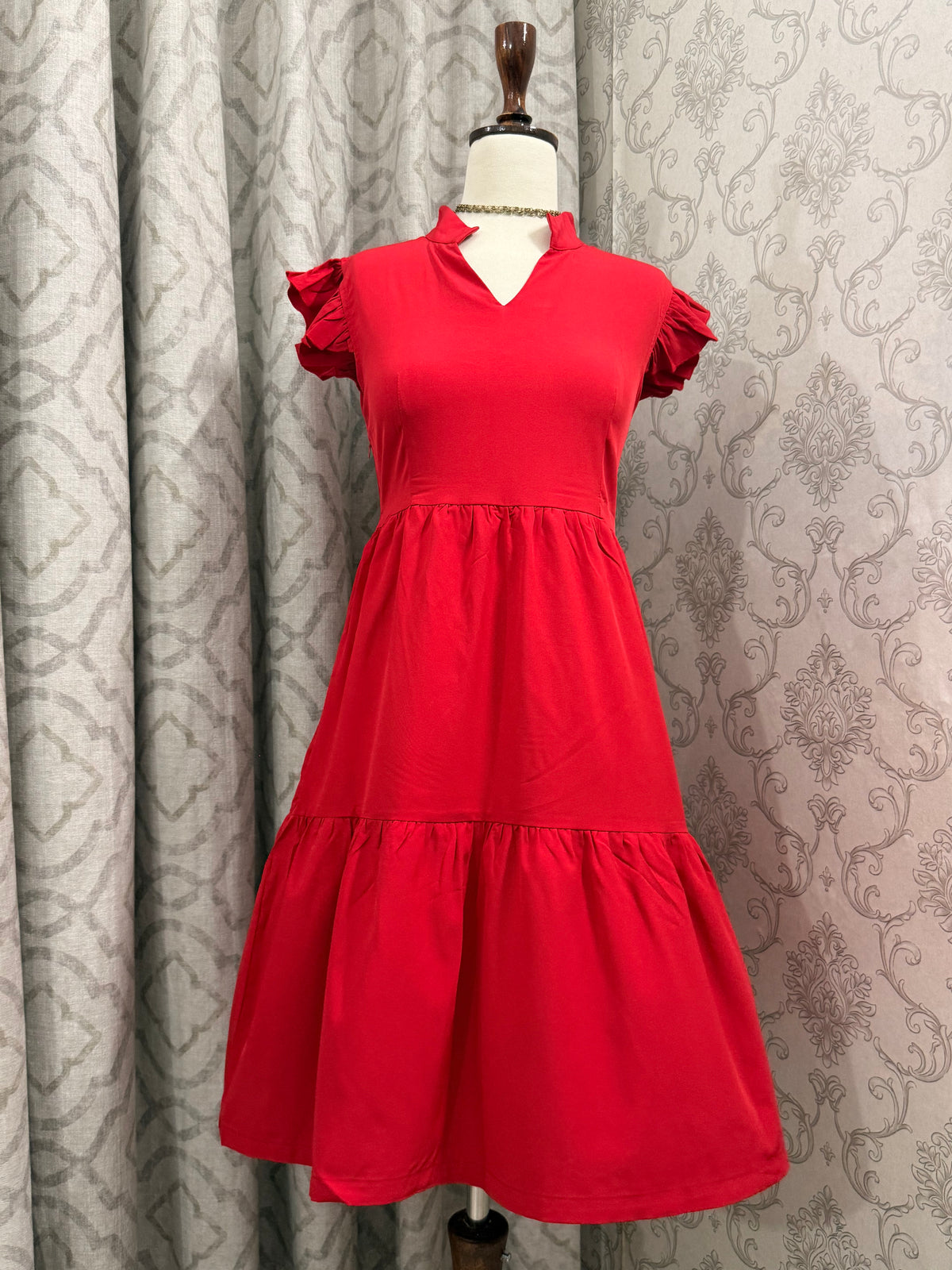 Short-Sleeve Tiered Swing Dress with Mock Neck