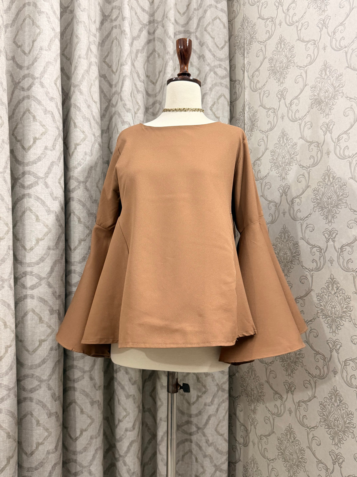 Solid Brown Fitted Top with Flared Sleeves
