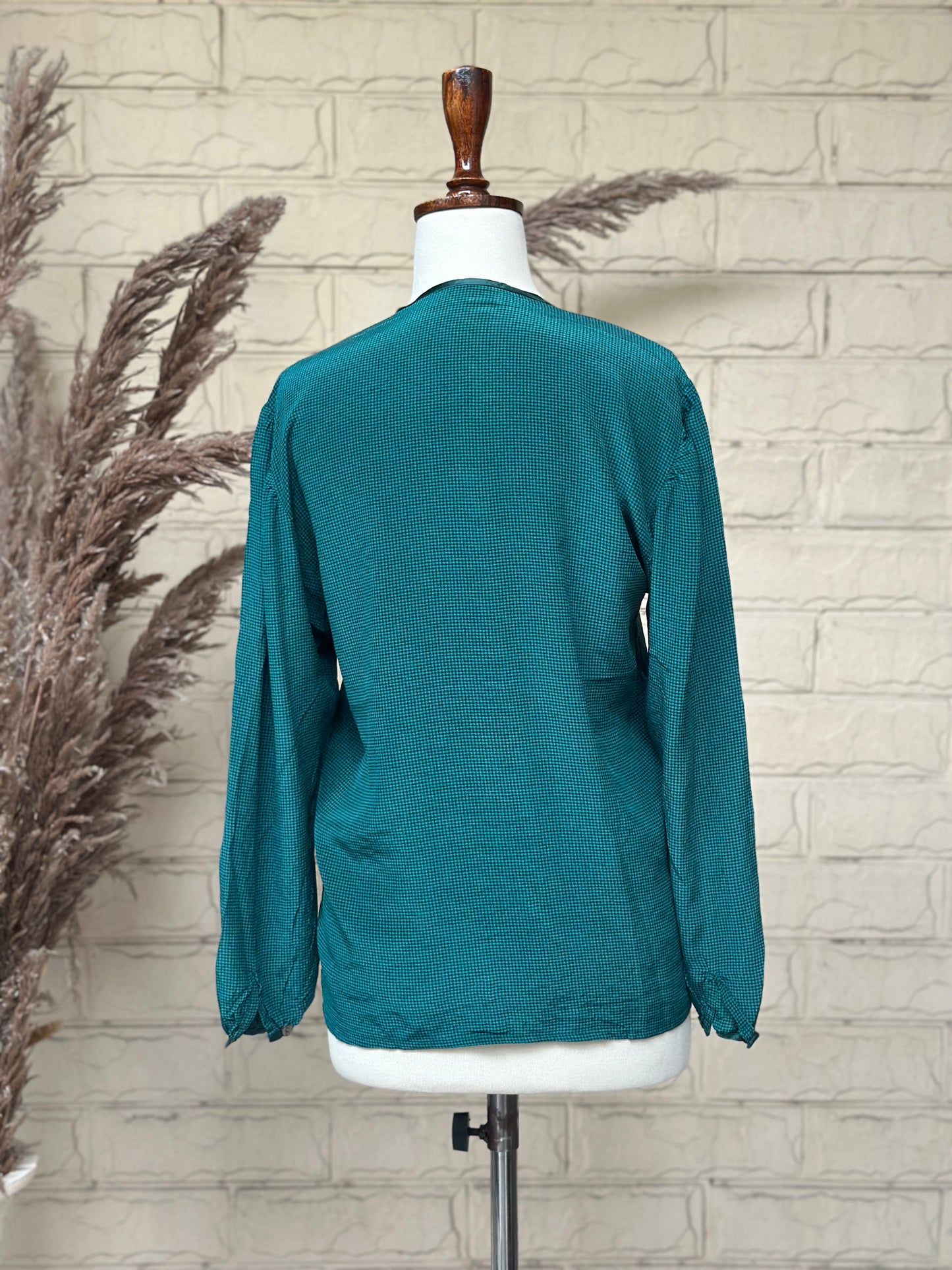 Forest Green Micro-Check Collarless Button-Down Top