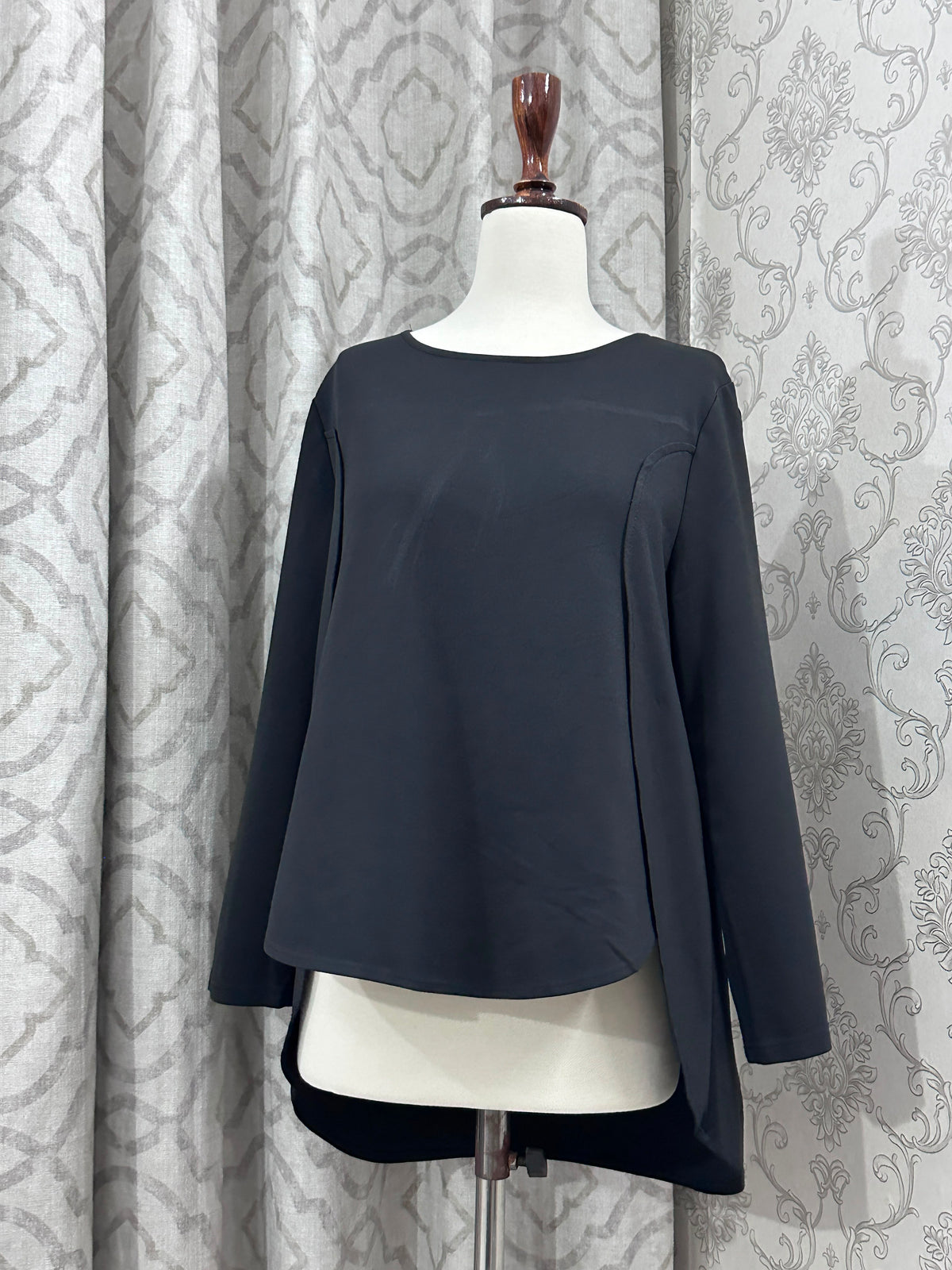 Chic Black Asymmetrical High-Low Blouse with Front Seam Details