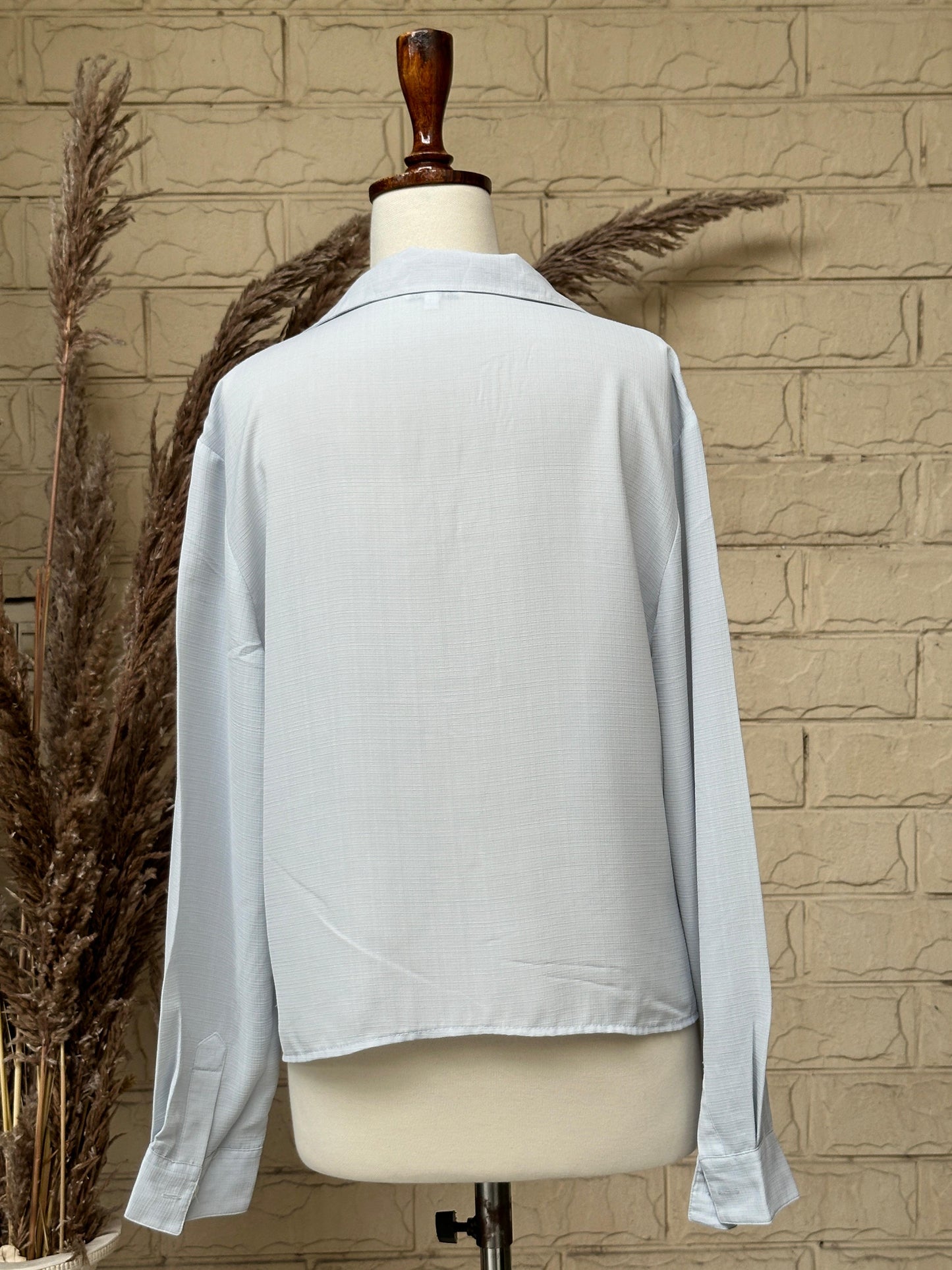 Ice Blue Textured Cotton Long-Sleeve Button-Down Shirt